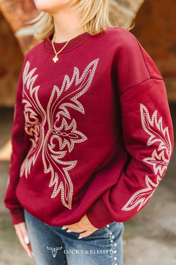 BOOT-STITCH DETAIL EMBROIDERED LONG SLEEVE SWEATSHIRT - BURGUNDY
