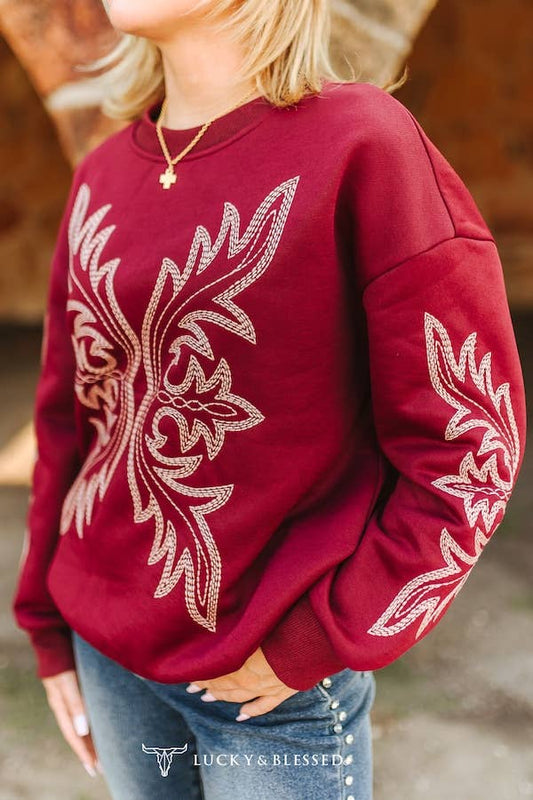 BOOT-STITCH DETAIL EMBROIDERED LONG SLEEVE SWEATSHIRT - BURGUNDY