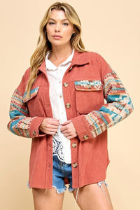 RUST CONTRAST AZTEC PATTERN SLEEVE CORDUROY SHACKET