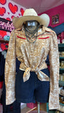 COWBOY FEATHER LONG SLEEVE PEARL SNAP TOP