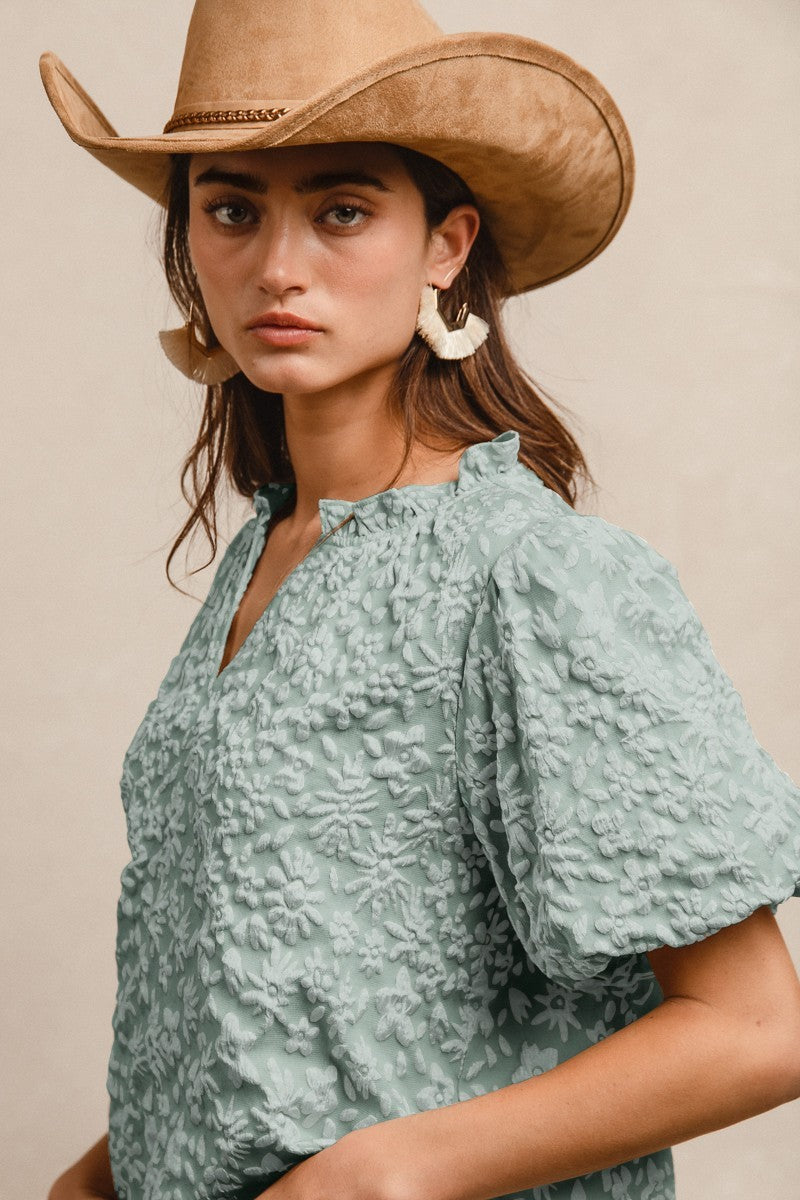 FLORAL PATTERN TEXTURED BALLON SLEEVES V NECK TOP - SAGE