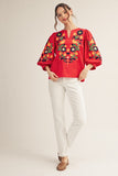 NOTCHED V NECK EMBROIDERED 3/4 SLEEVE TOP - RED