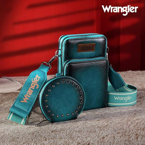 Wrangler Crossbody Cell Phone Purse 3 Zippered Compartment with Coin Pouch - Turquoise