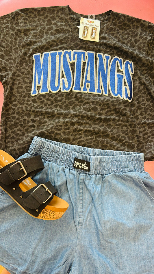 MUSTANGS BLACK LEOPARD TEE - SILVER AND ROYAL BLUE PUFF GLITTER