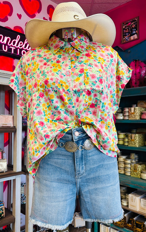 SATIN FLORAL PRINT BUTTON UP TOP - MINT MULTI COLOR