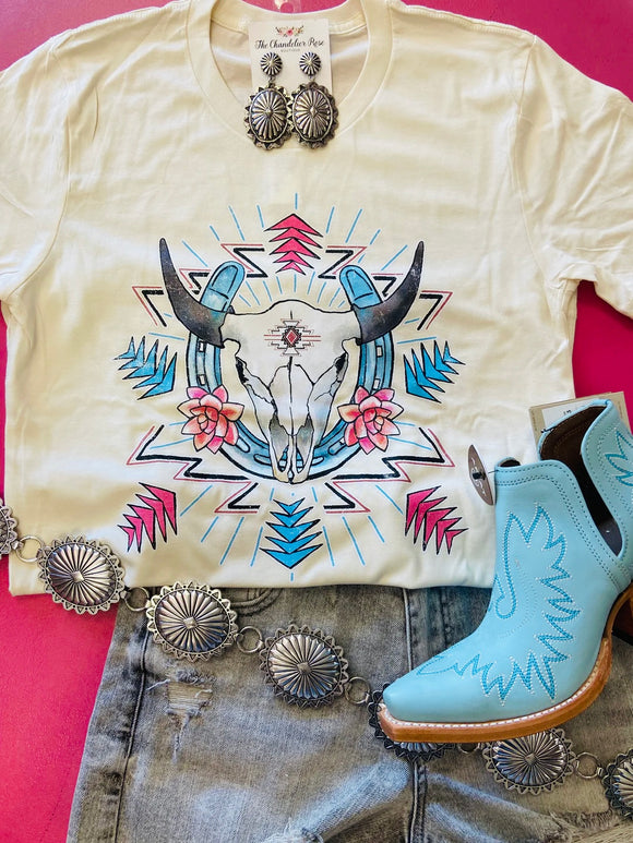 STEER AND HORSE SHOE WESTERN TEE - CREAM