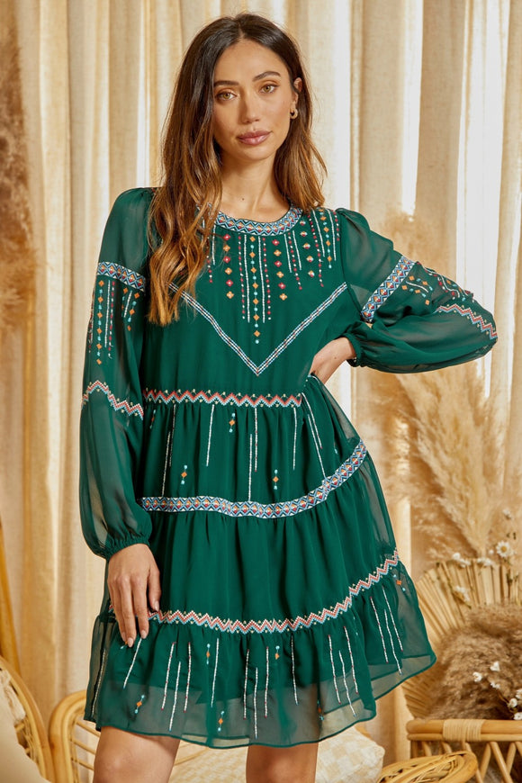 BABY DOLL EMBROIDERY DRESS - HUNTER GREEN