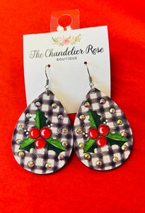 MISTLETOE WHITE PLAID TEAR DROP  EARRINGS