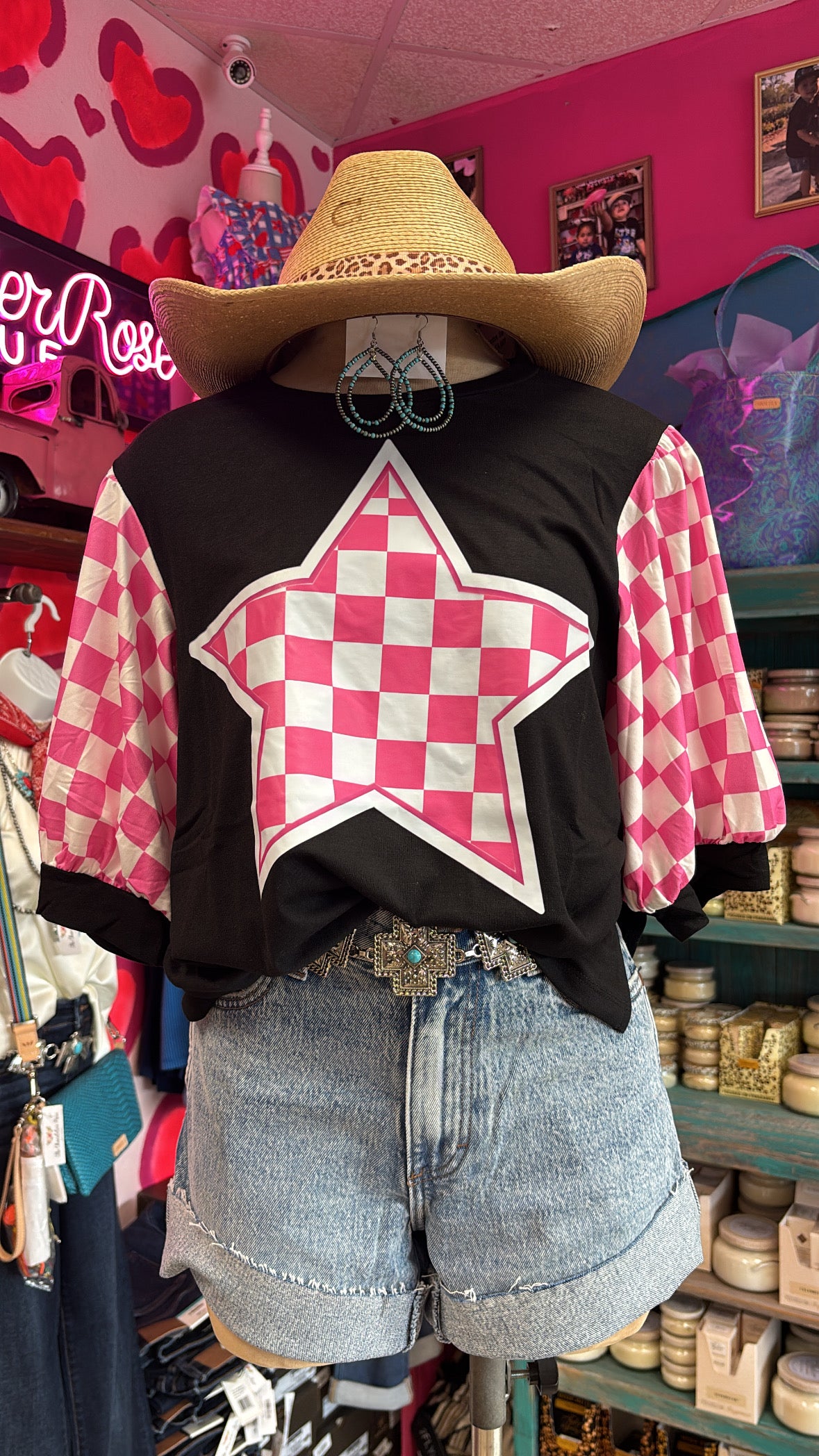PINK CHECKERED STAR WITH CHECKERED SLEEVE TOP - BLACK