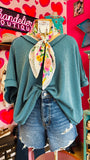RAISED RIB SHORT SLEEVE HI-LOW V NECK TOP - TEAL