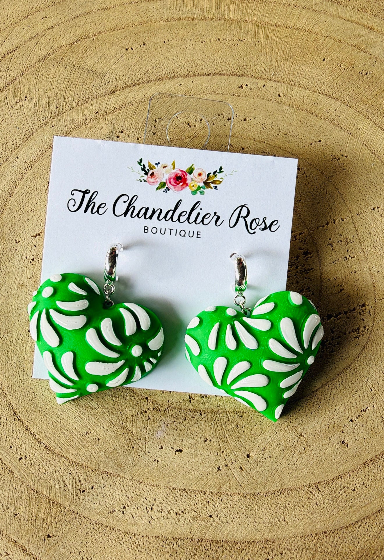 Green & White Heart Earrings