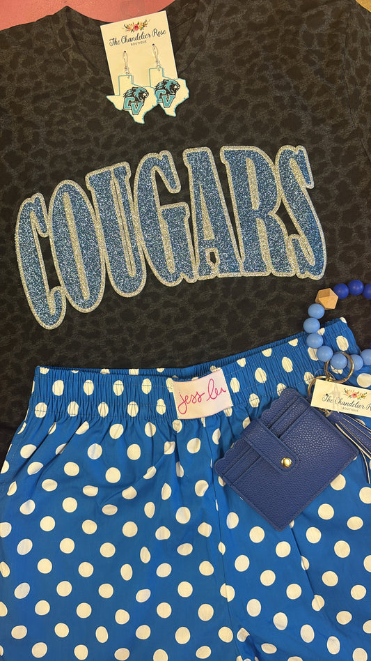 COUGARS BLACK LEOPARD TEE - COLUMBIA BLUE AND SILVER PUFF GLITTER