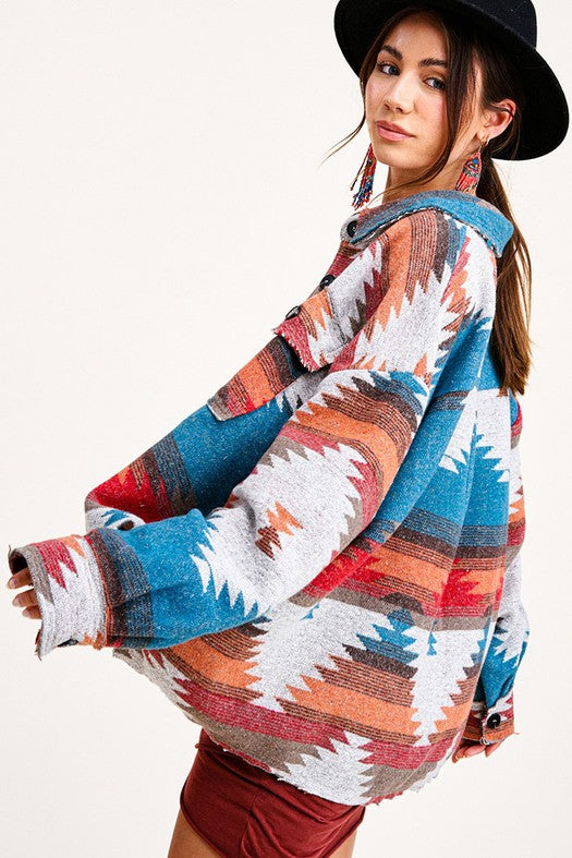 WOMEN AZTEC BUTTON DOWN TEAL SHACKET