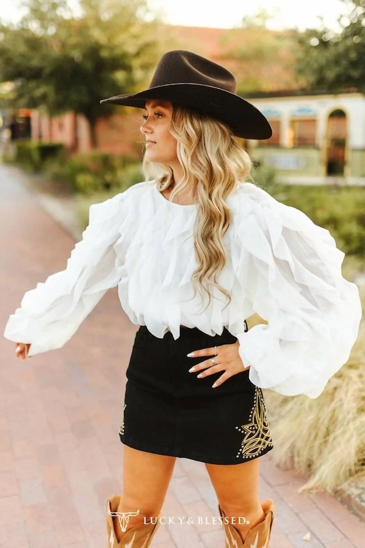 BLACK DENIM BOOT STITCHED EMBROIDERED STUDDED SKIRT