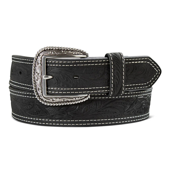 ARIAT MENS BELT 1 1/2 TOOLED DOUBLE STITCH - BLACK