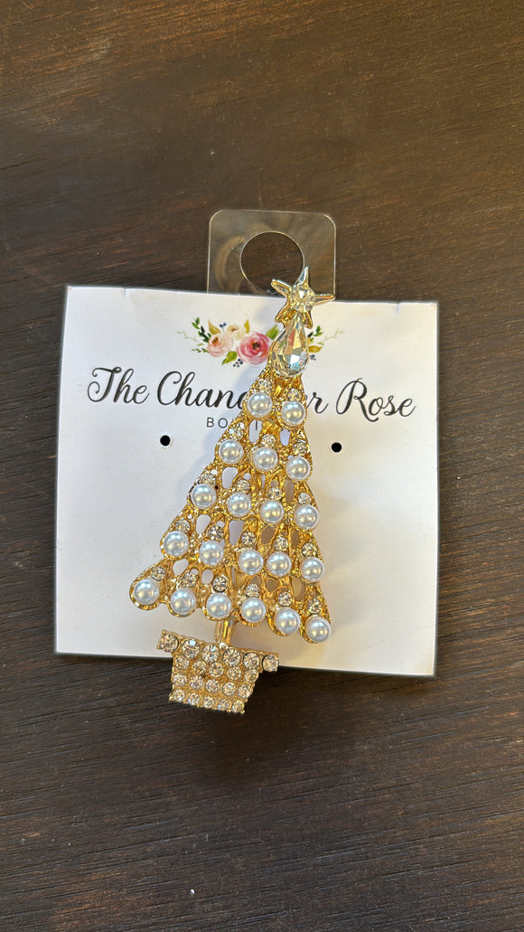 CHRISTMAS TREE WHITE BEADED PIN - GOLD