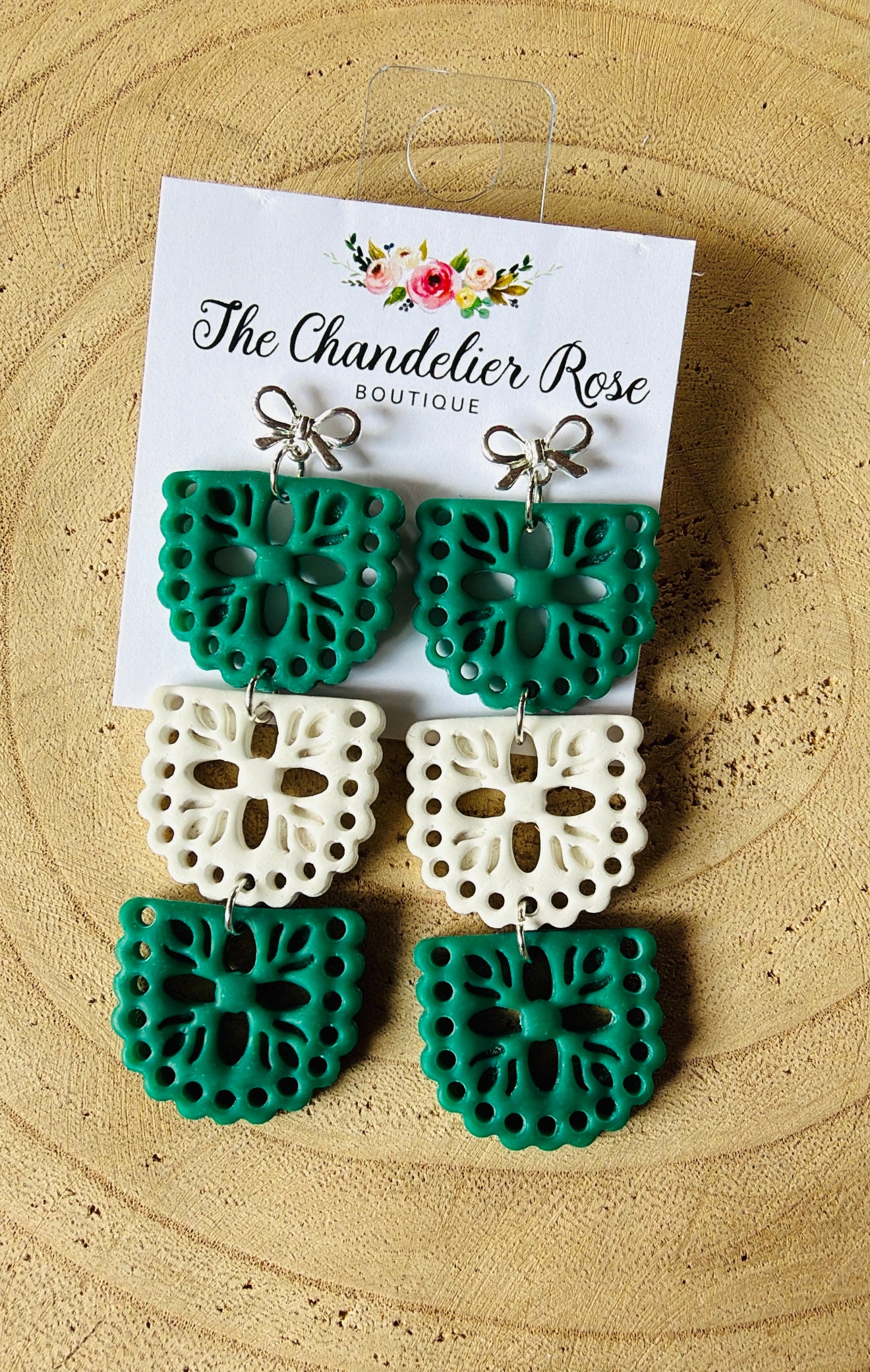 Green & White Papel Picado Earrings