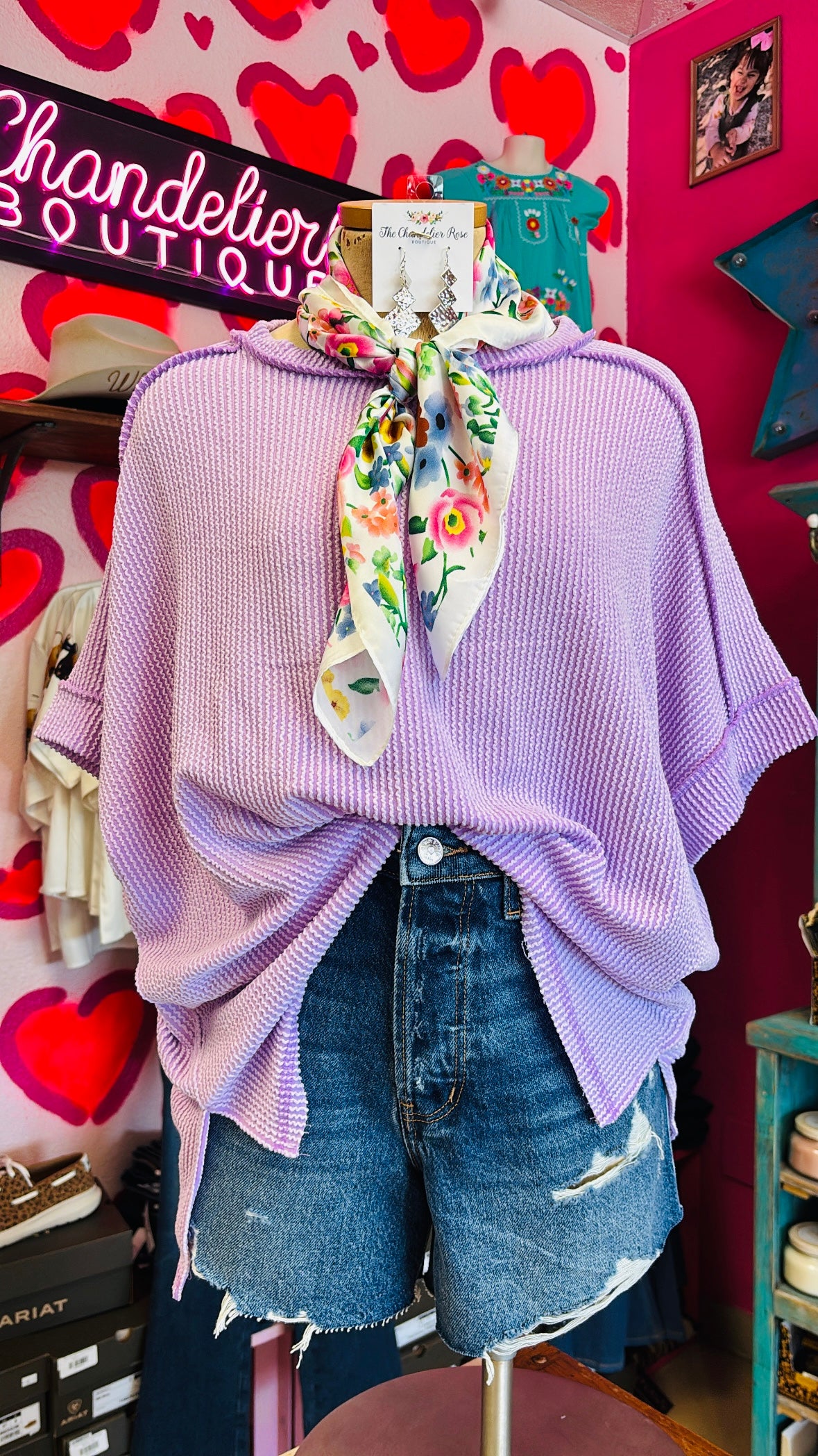 RAISED RIB CUFF SLEEVE RAW EDGE TOP - LAVENDER