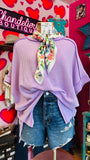 RAISED RIB CUFF SLEEVE RAW EDGE TOP - LAVENDER