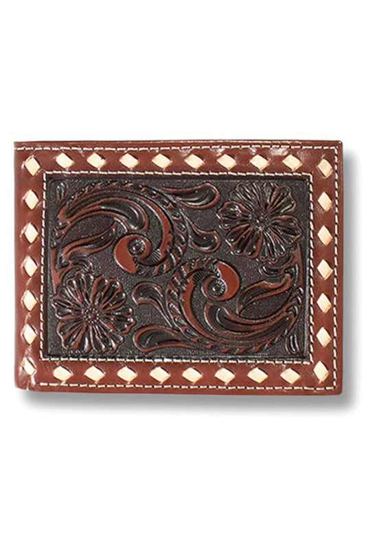 ARIAT BIFOLD FLORAL EMBOSS BUCK LACED STITCH WALLET - BROWN