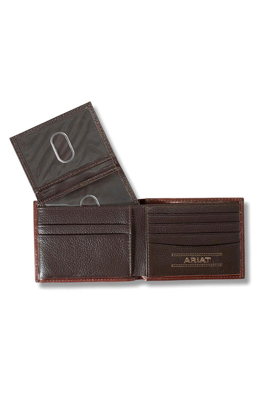 ARIAT BIFOLD FLORAL EMBOSS BUCK LACED STITCH WALLET - BROWN