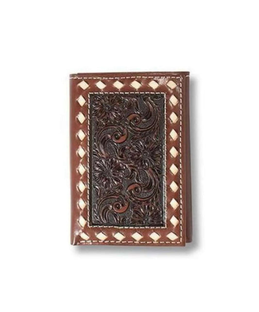 ARIAT TRIFOLD FLORAL EMBOSS BUCK LACED STITCH WALLET - BROWN