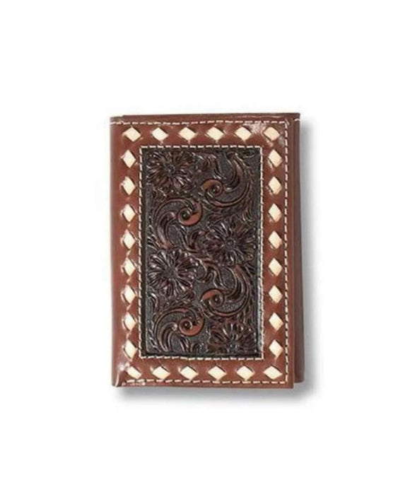 ARIAT TRI-FOLD LEATHERED TOOLED WALLET - DARK BROWN