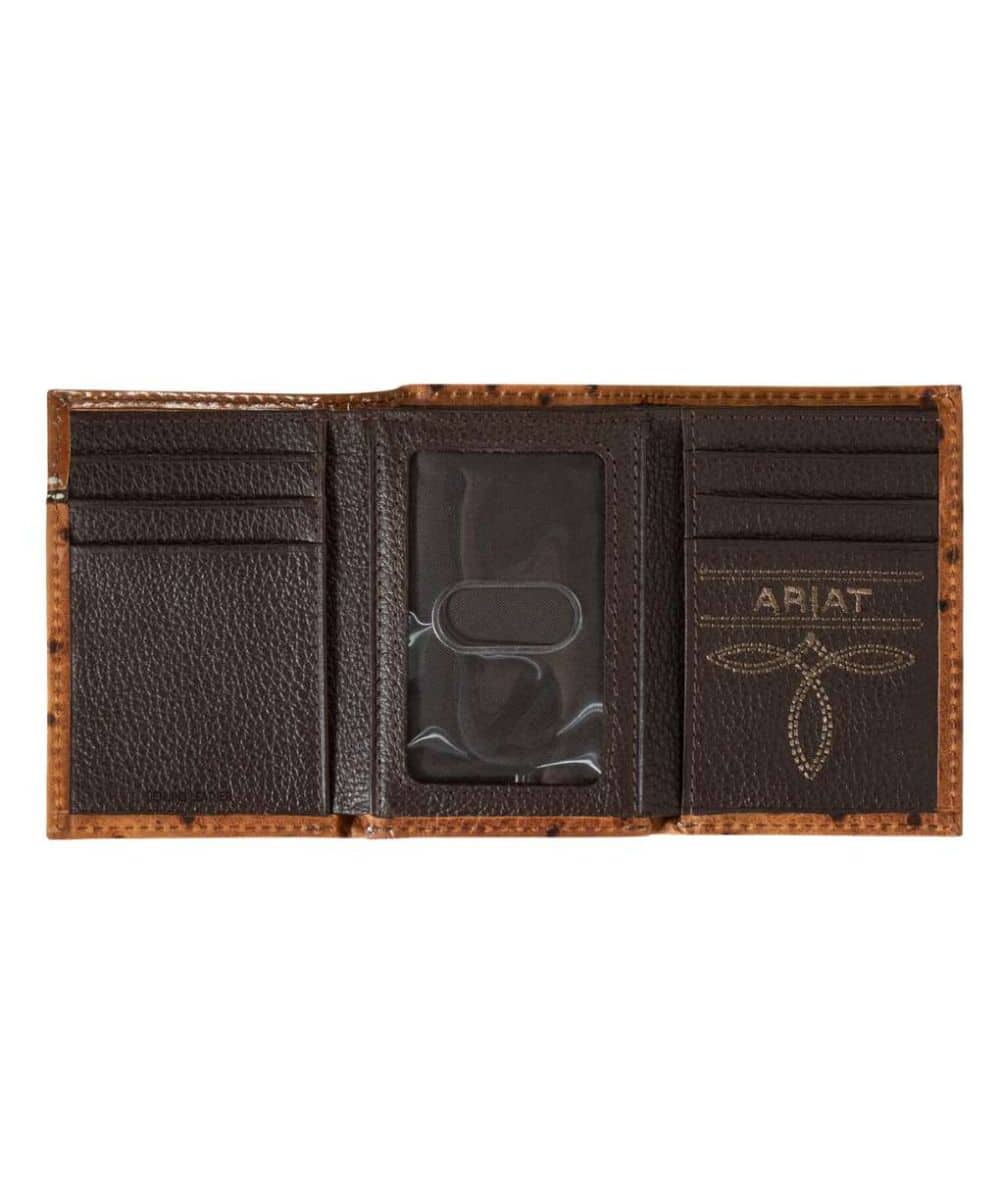 ARIAT TRIFOLD FLORAL EMBOSS BUCK LACED STITCH WALLET - BROWN