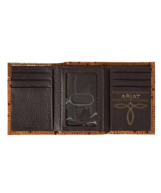 ARIAT TRIFOLD FLORAL EMBOSS BUCK LACED STITCH WALLET - BROWN