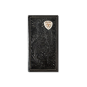 ARIAT MENS RODEO STYLE WALLET FLORAL EMBOSSED SHIELD -  BLACK