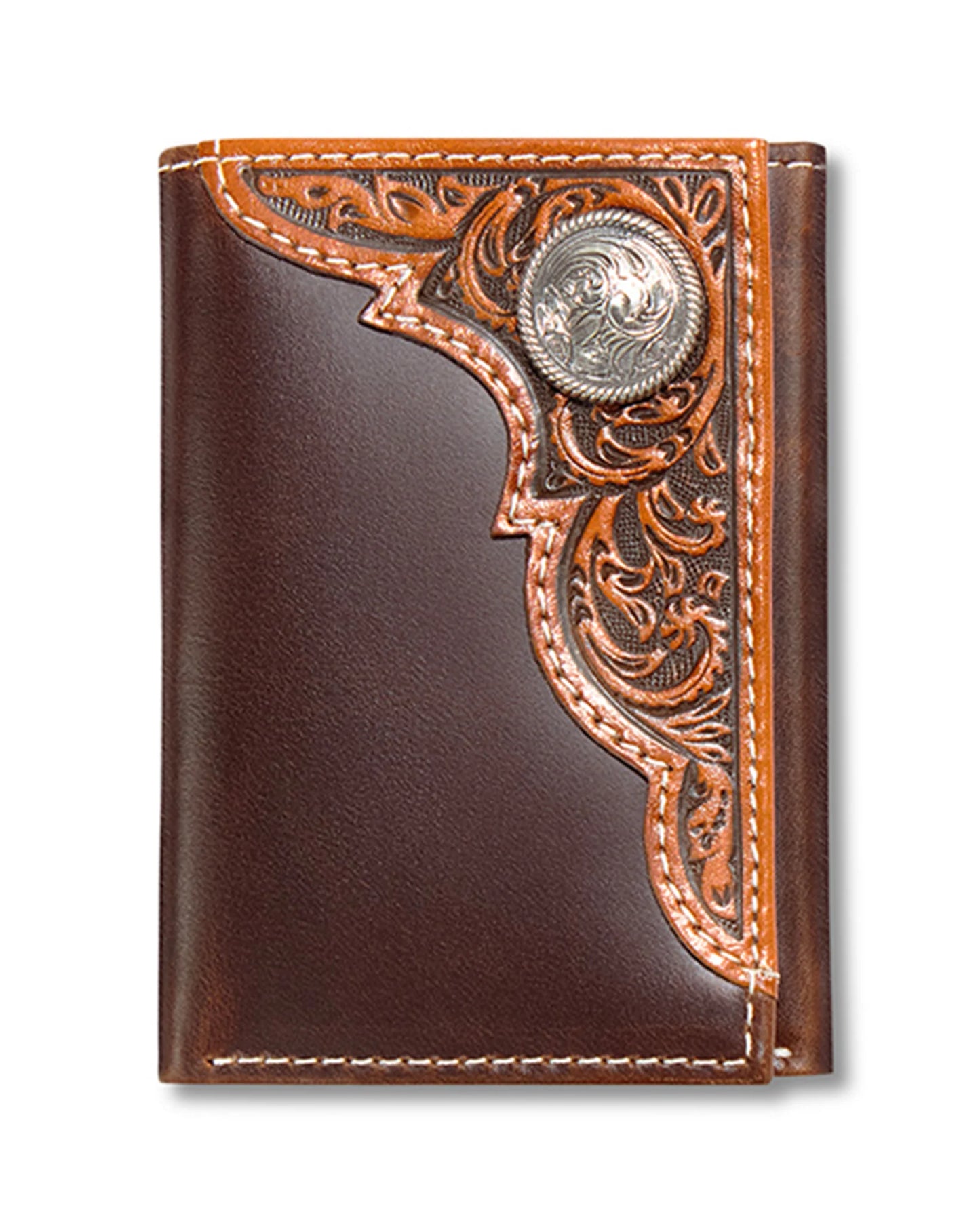 ARIAT MENS TRIFOLD STYLE WALLET EMBOSSED OVAL CONCHO TAN