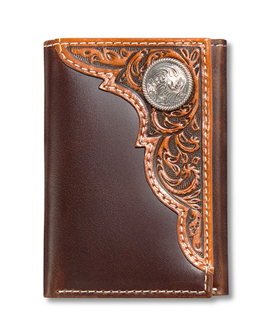 ARIAT MENS TRIFOLD STYLE WALLET EMBOSSED OVAL CONCHO TAN