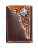 ARIAT MENS TRIFOLD STYLE WALLET EMBOSSED OVAL CONCHO TAN