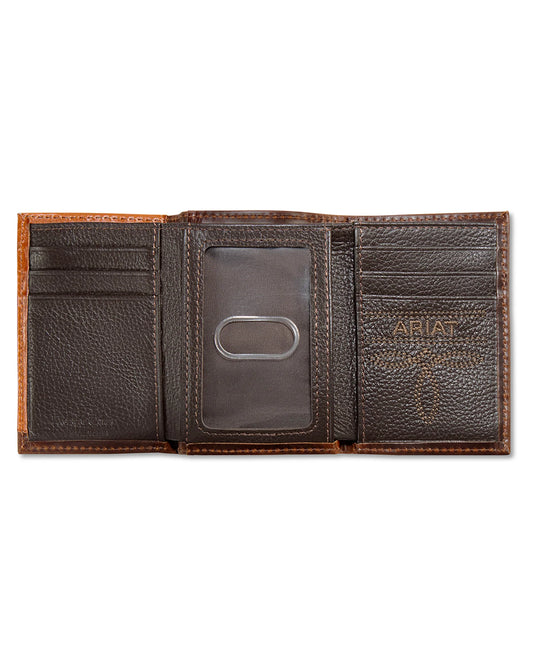 ARIAT MENS TRIFOLD STYLE WALLET EMBOSSED OVAL CONCHO TAN