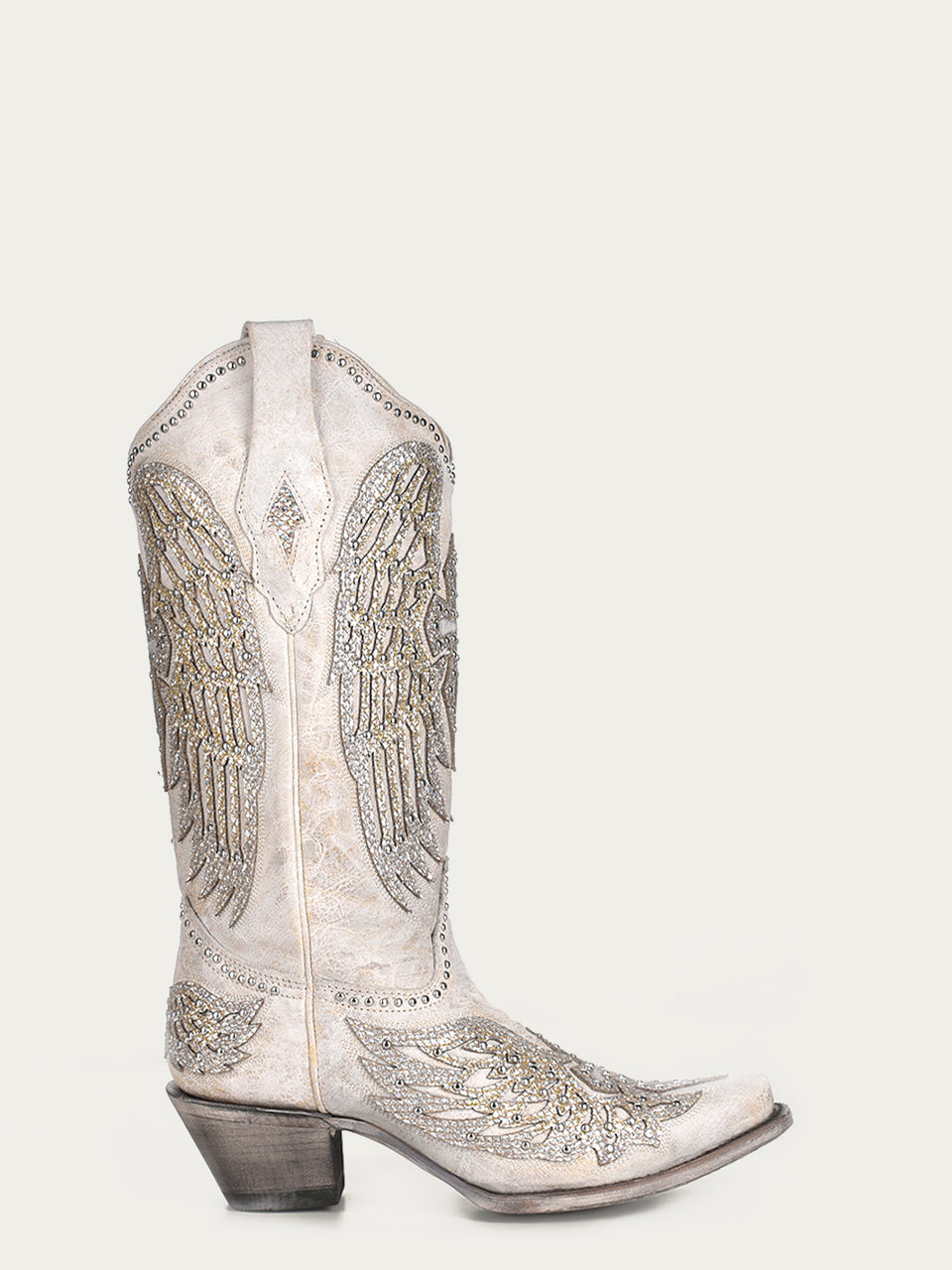 WOMEN'S GLITTER INLAY CROSS AND WINGS EMBROIDERY WHITE SNIP TOE COWBOY BOOT - A3571