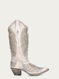 WOMEN'S GLITTER INLAY CROSS AND WINGS EMBROIDERY WHITE SNIP TOE COWBOY BOOT - A3571
