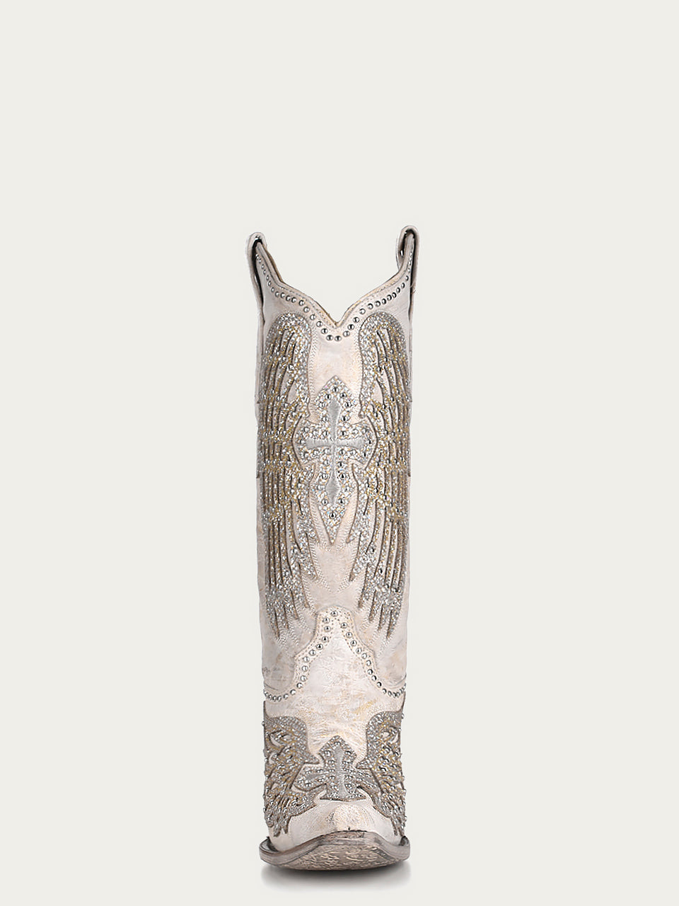 WOMEN'S GLITTER INLAY CROSS AND WINGS EMBROIDERY WHITE SNIP TOE COWBOY BOOT - A3571