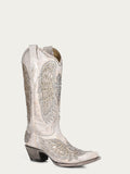 WOMEN'S GLITTER INLAY CROSS AND WINGS EMBROIDERY WHITE SNIP TOE COWBOY BOOT - A3571