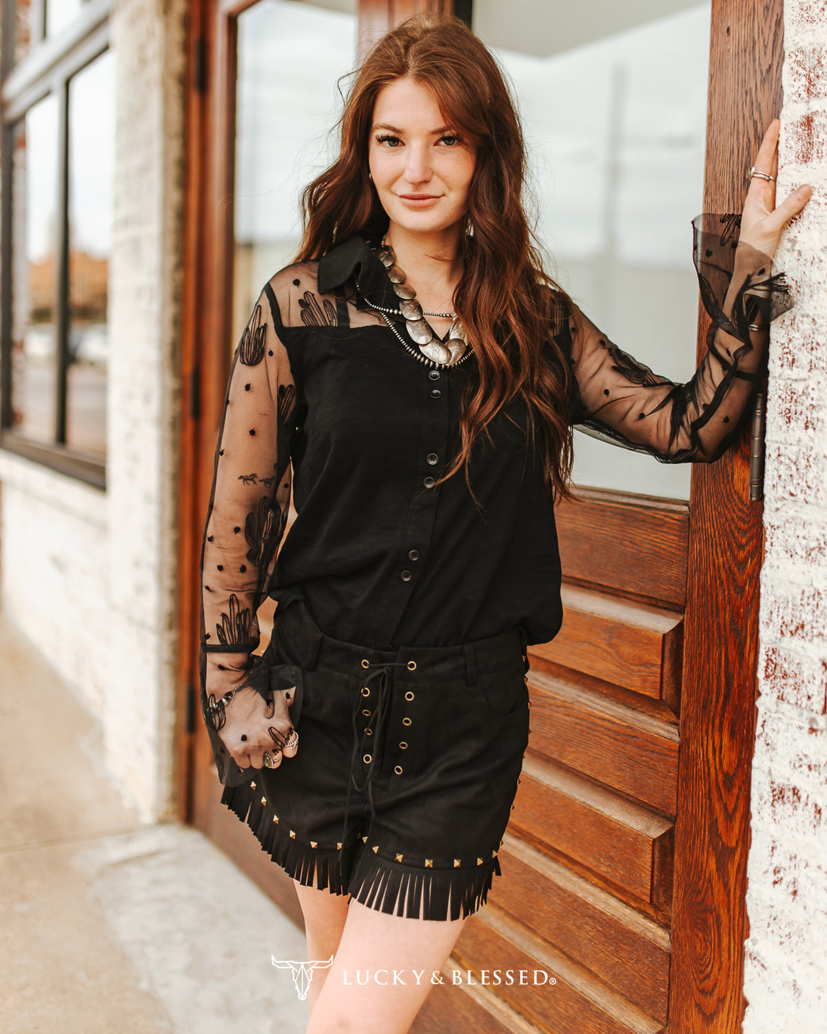 BLACK WESTERN YOKE BUTTON DOWN CACTUS EMBROIDERED MESH SLEEVES TOP