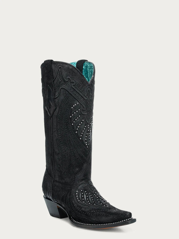 CORRAL WOMEN'S OVERLAY EMBROIDERY AND STUDS BLACK SNIP TOE COWBOY BOOTS - A4729