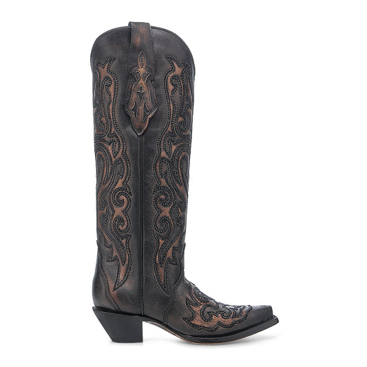 WOMEN'S BLACK BRONZE EMBROIDERY & CRYSTALS TALL WESTERN BOOT - A4738