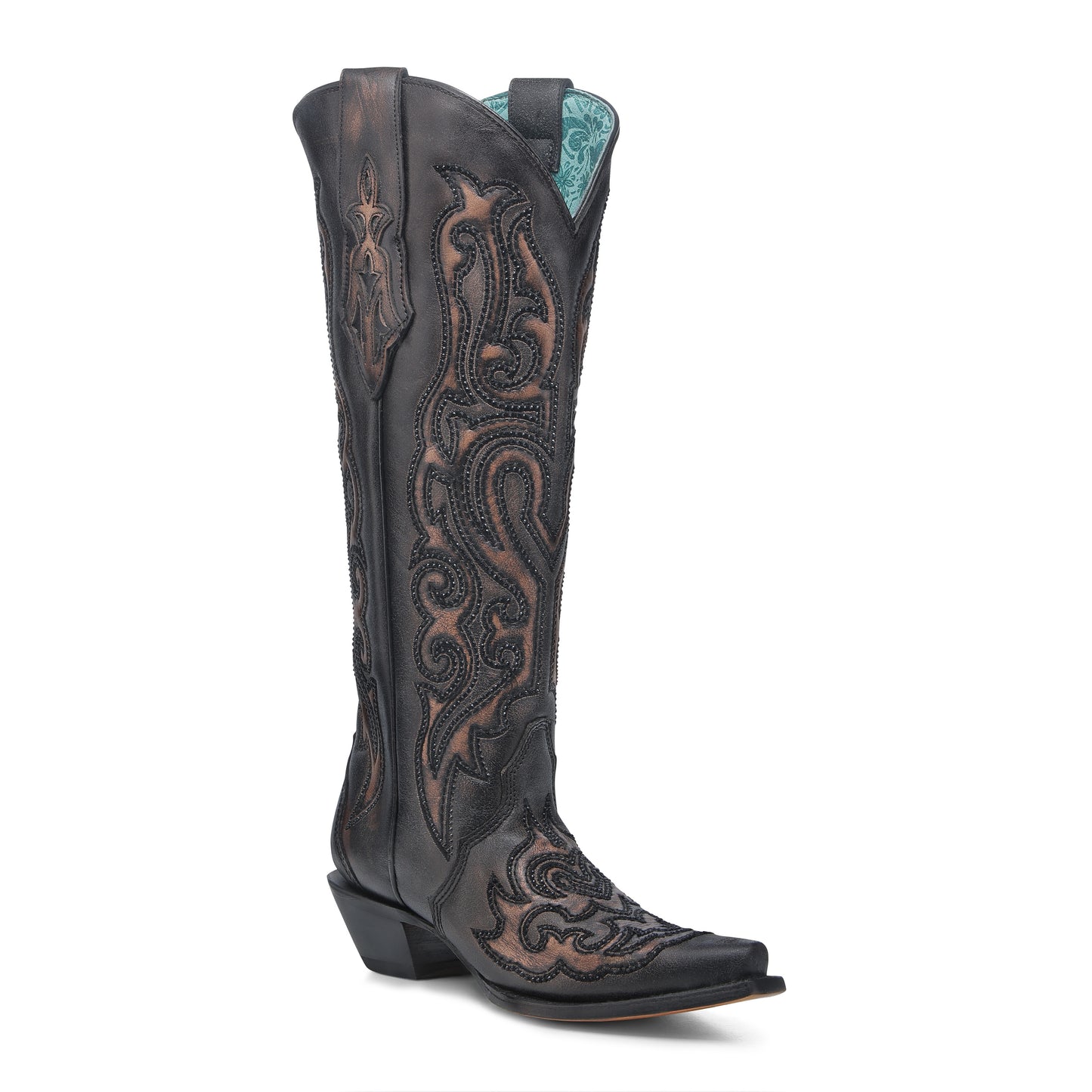 WOMEN'S BLACK BRONZE EMBROIDERY & CRYSTALS TALL WESTERN BOOT - A4738
