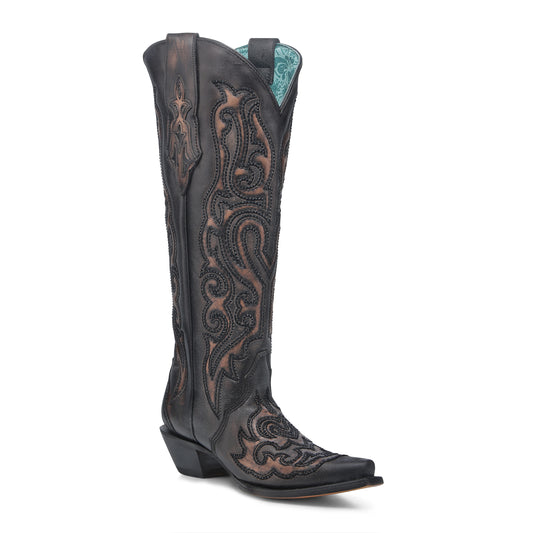 WOMEN'S BLACK BRONZE EMBROIDERY & CRYSTALS TALL WESTERN BOOT - A4738