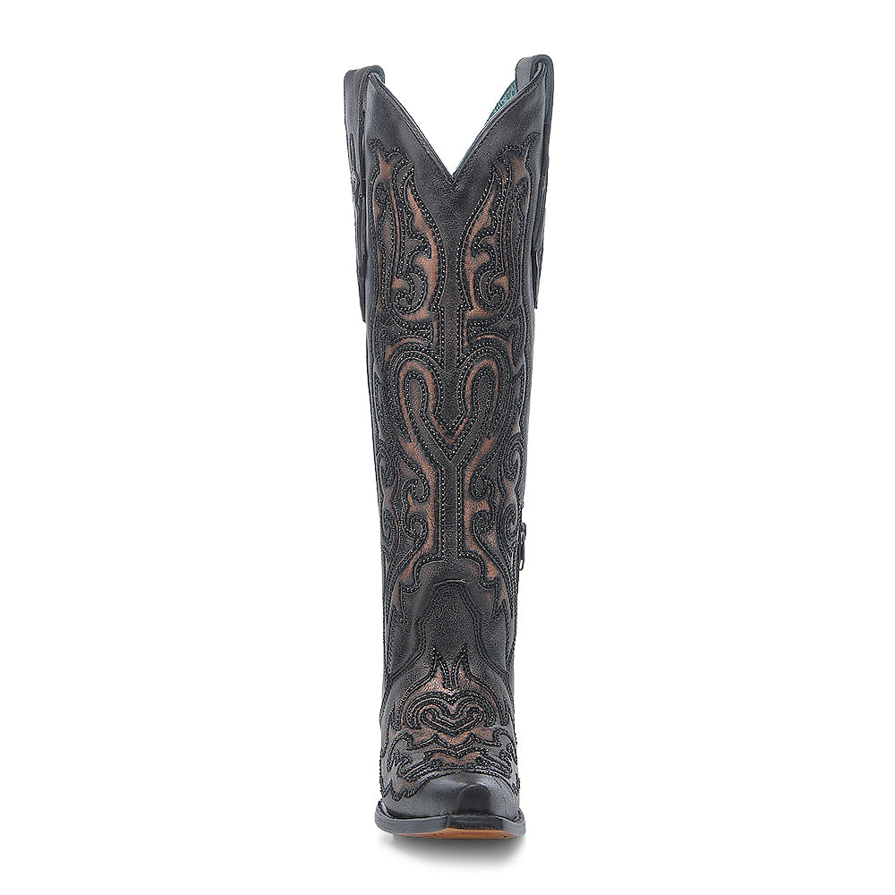 WOMEN'S BLACK BRONZE EMBROIDERY & CRYSTALS TALL WESTERN BOOT - A4738