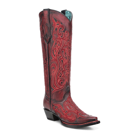 CORRAL WOMEN'S RED SUEDE OVERLAY & CRYSTAL TALL WESTERN BOOT - A4869