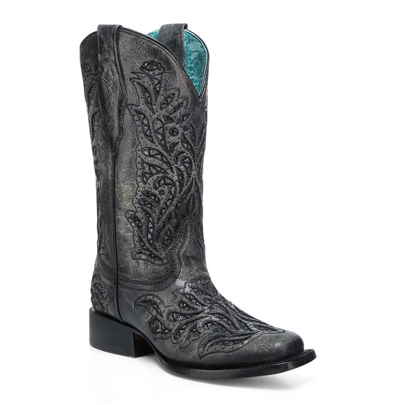 CORRAL WOMEN'S BLACK GLITTER INLAY & EMBROIDERY SQUARE TOE COWBOY BOOT - A4876