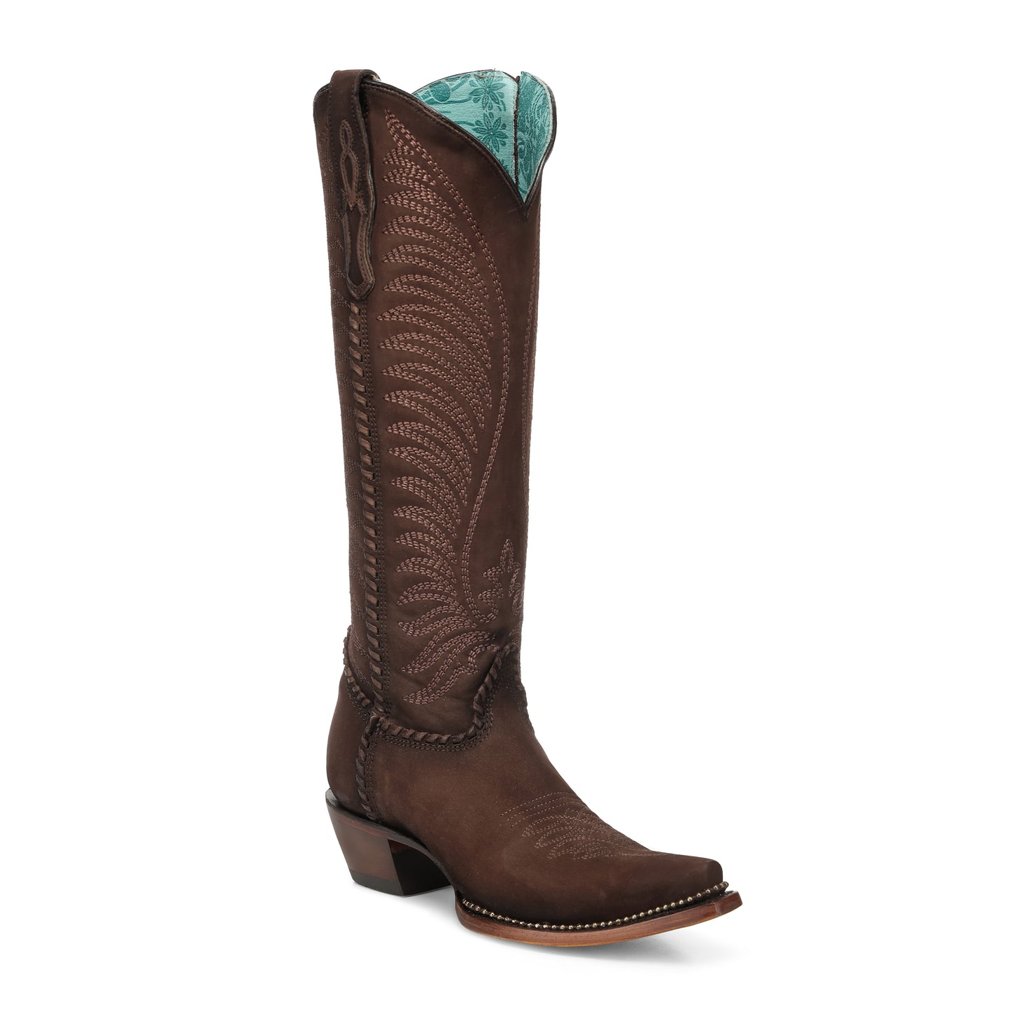 CORRAL WOMEN'S BROWN EMBROIDERY & WOVEN METALLIC WELT TALL TOP WESTERN BOOT - A5087