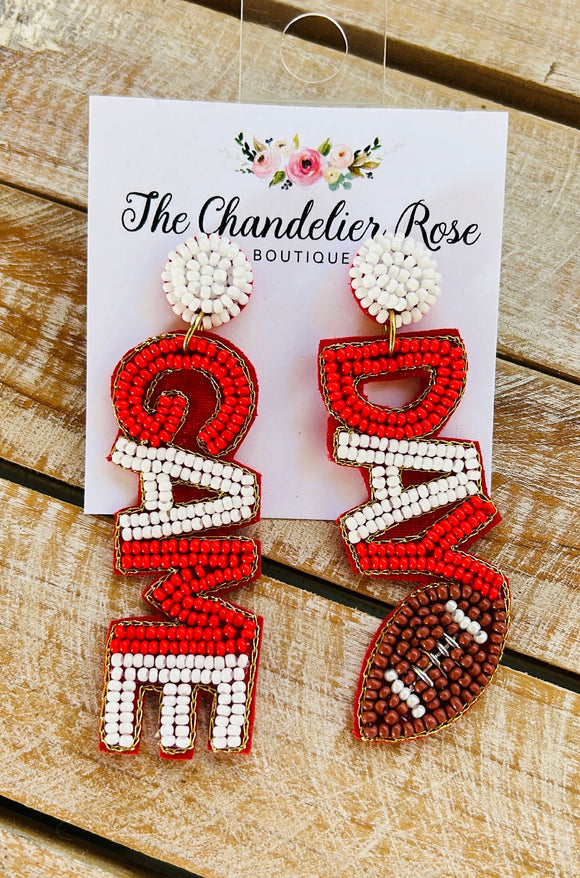 GAME DAY RED AND WHITE FOOTBALL BEADED EARRINGS
