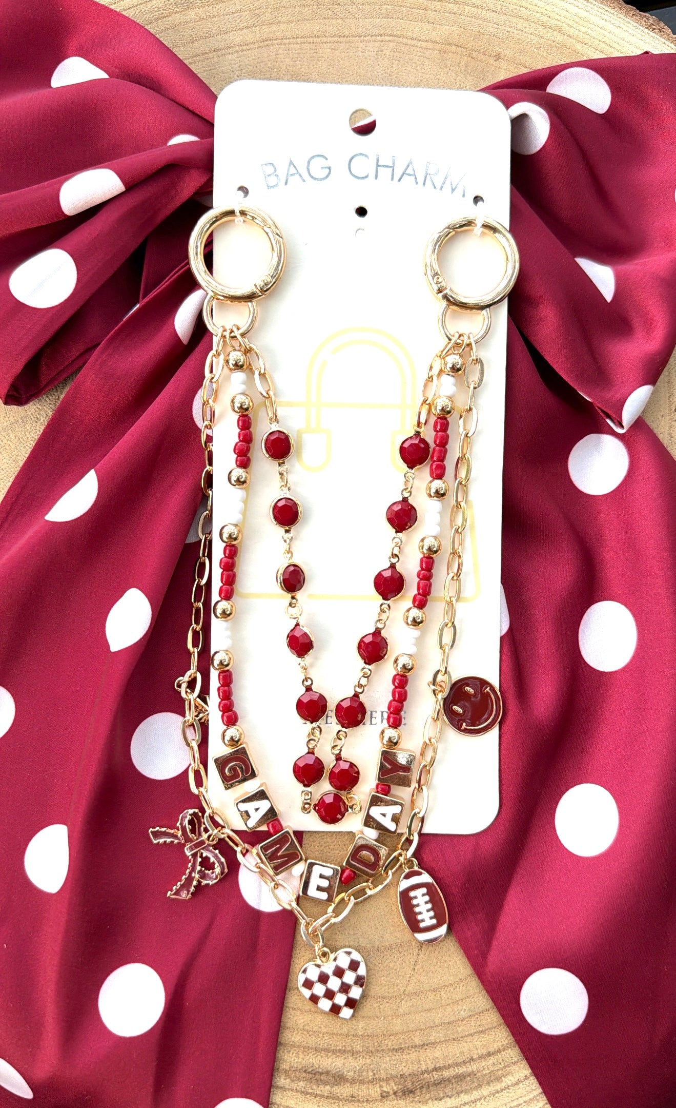 Triple Strand Game Day Bag Charm  - Burgundy and White
