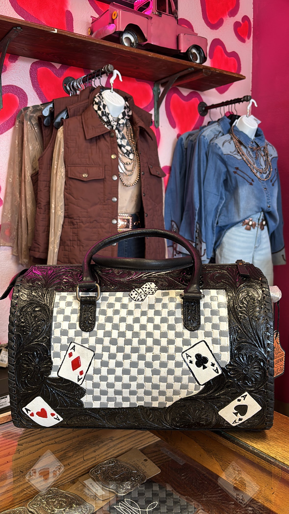ACES LEATHER TOOLED GREY AND WHITE CHECKERED TOTE BAG - BLACK